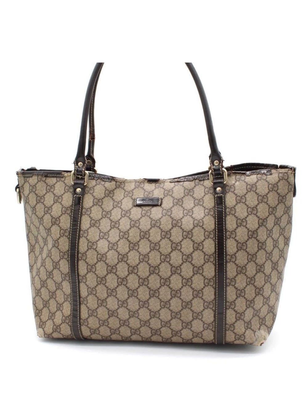 Authentic Gucci Beige Monogram Tote with Dark Brown Handles